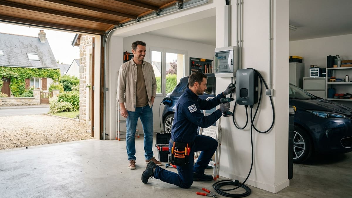 Technicien IRVE expliquant comment installer une borne de recharge chez soi à un particulier dans un garage propre et moderne en France.