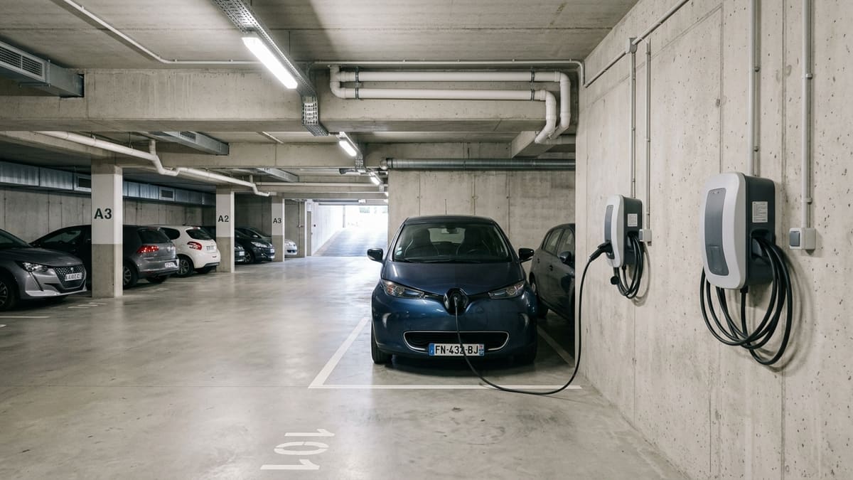 Borne de recharge voiture électrique en parking de copropriété en France