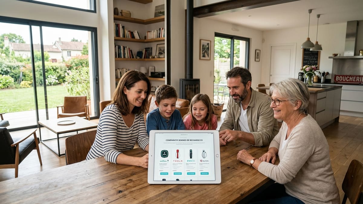 ALT FR — Famille choisissant où acheter des bornes de recharge pour voiture électriques en ligne
